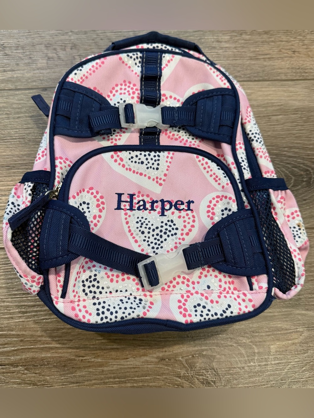Pottery Barn Kids Pink Heart Backpack with Navy Trim - Harper